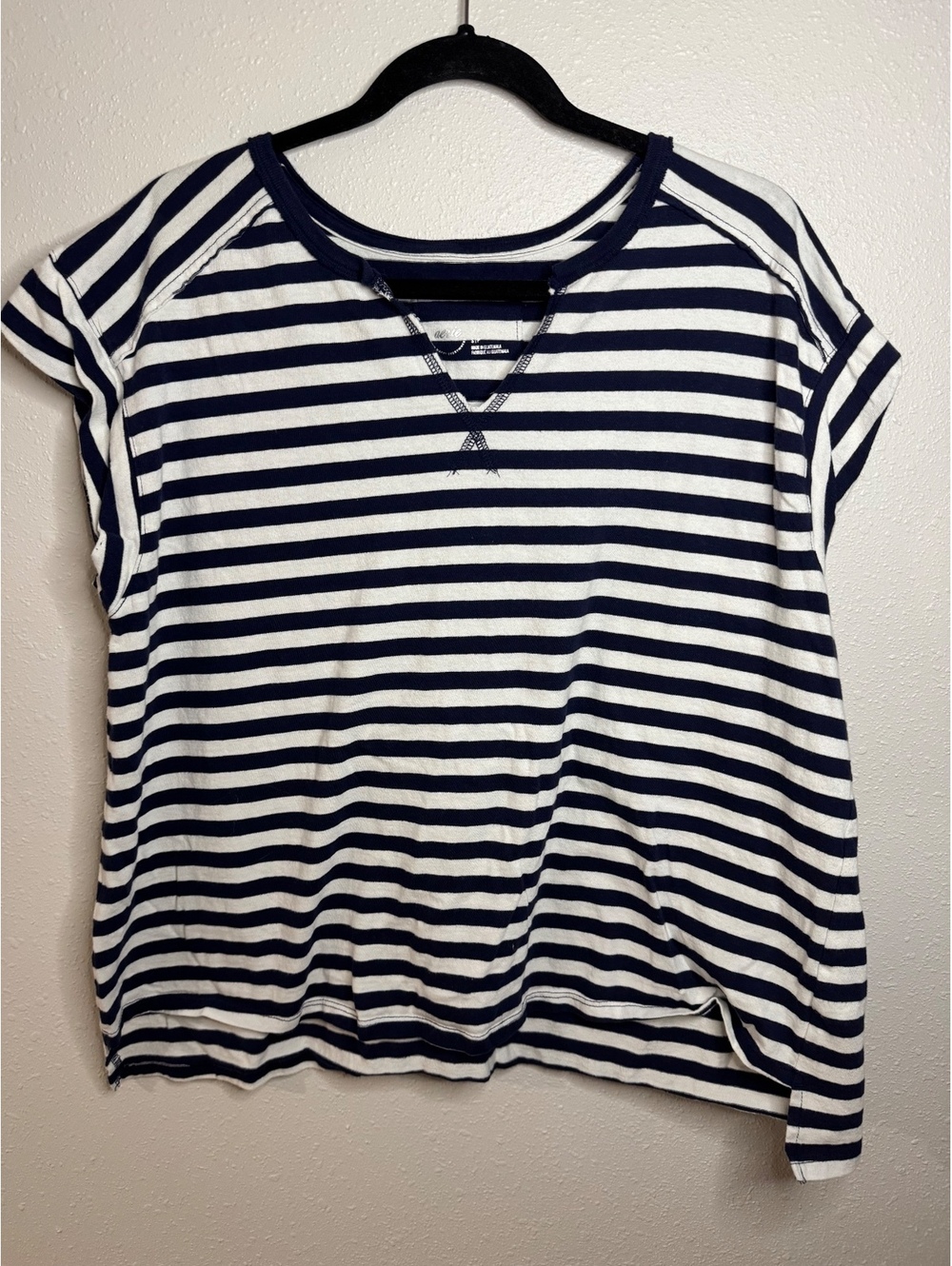 Aerie Women’s Size Small Navy White Striped Split Back Short Sleeve Top
